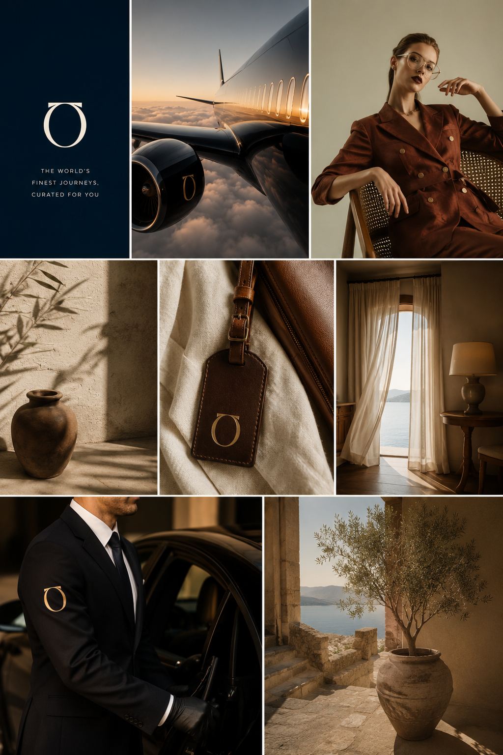 Otravel visual direction board — warm neutrals, leather, travel